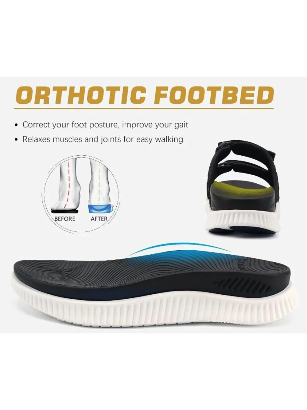 Men's Black White Athletic Thick Cushion Recovery Slides Orthotic Sandal Shoes